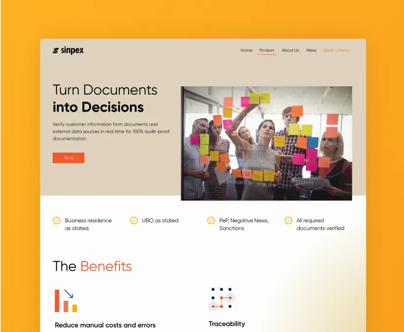 Website section showing a group of people placing colorful sticky notes on a glass wall, with text about turning documents into decisions and benefits of the product from Sinpex.