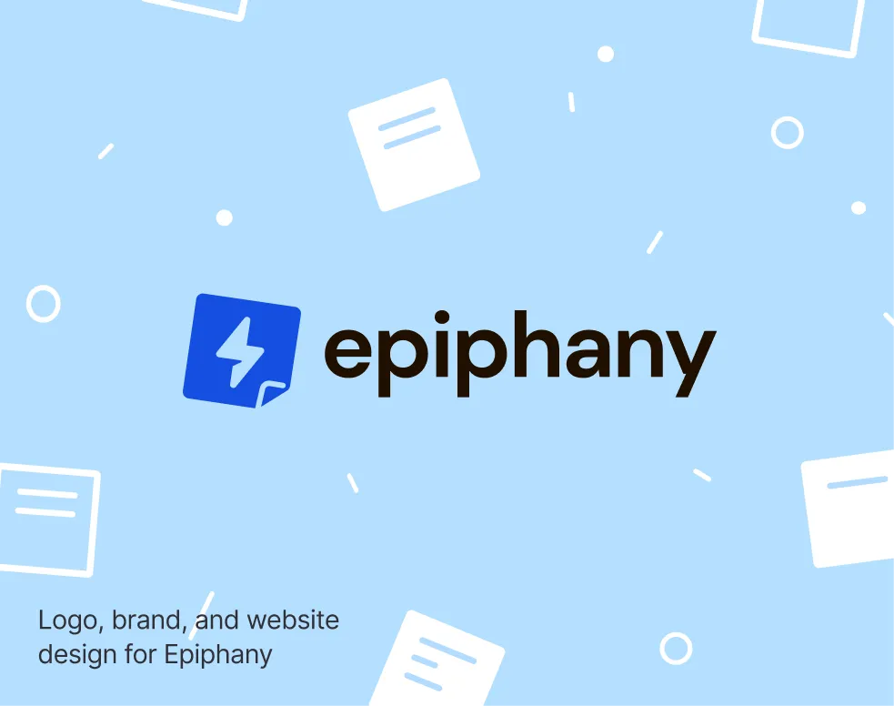 Epiphany logo with a blue square icon featuring a white lightning bolt next to the word 'epiphany' on a light blue background with white geometric shapes.