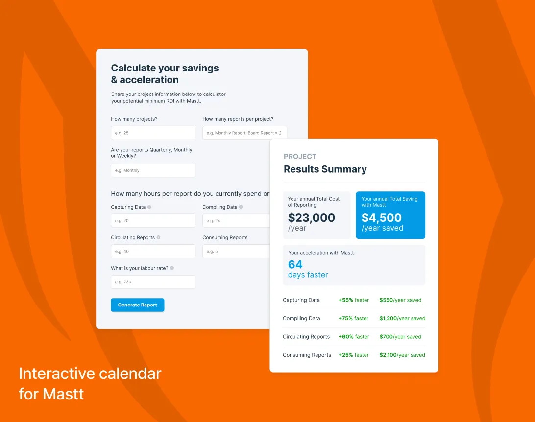 Calculator form to estimate savings and acceleration with Mastt showing inputs for projects, reports, hours spent, and labor rate alongside a summary of annual cost, savings, and faster completion days.