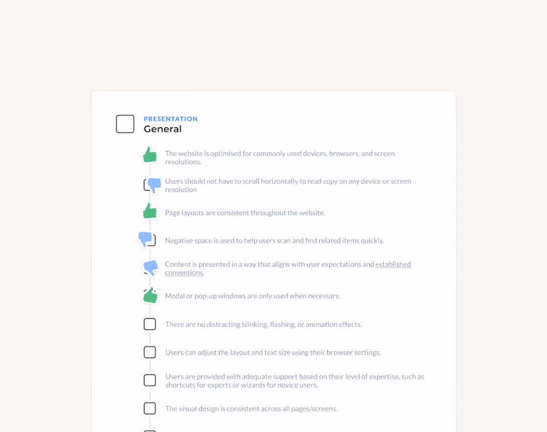 Checklist for website presentation General category with green thumbs-up and blue thumbs-down icons indicating compliance or issues on various usability and design points.