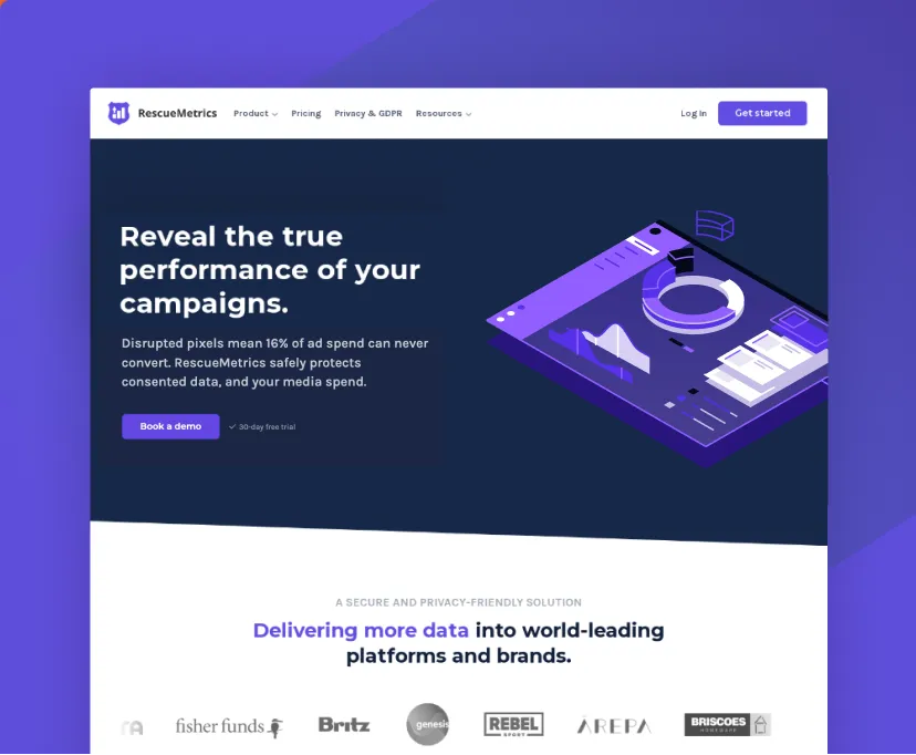 RescueMetrics website homepage highlighting ad campaign performance with a call to book a demo and logos of partner brands.