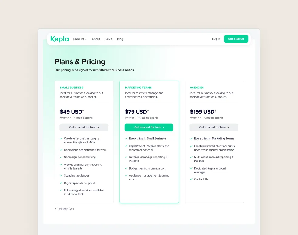 Kepla pricing plans for Small Business $49, Marketing Teams $79, and Agencies $199 per month plus media spend, with features and benefits listed for each.