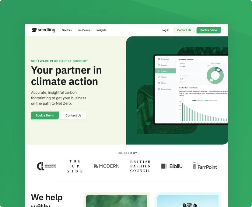 Seedling website homepage showing climate action partnership with options to book a demo or contact, plus logos of trusted organizations.