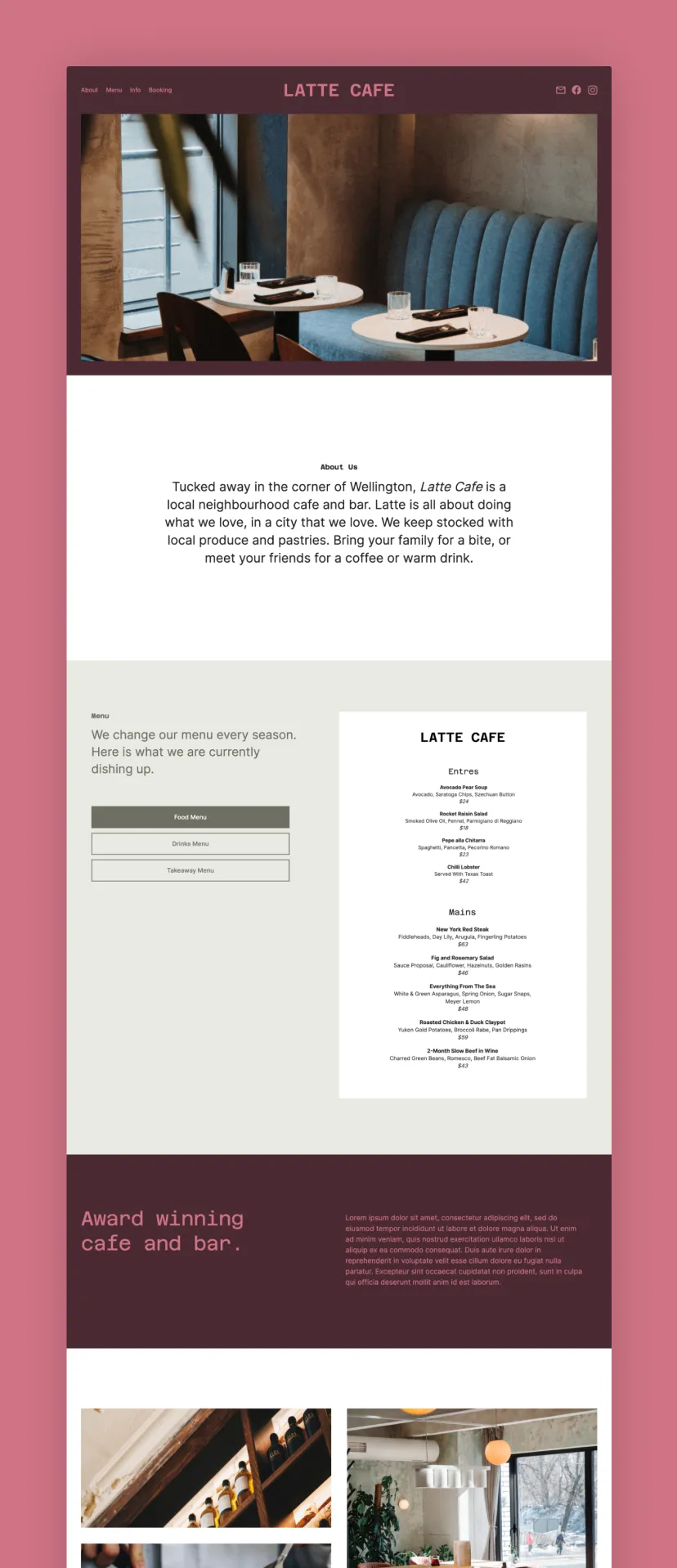 Website homepage for Latte Cafe featuring cozy booth seating with tables, menu details, and cafe images.