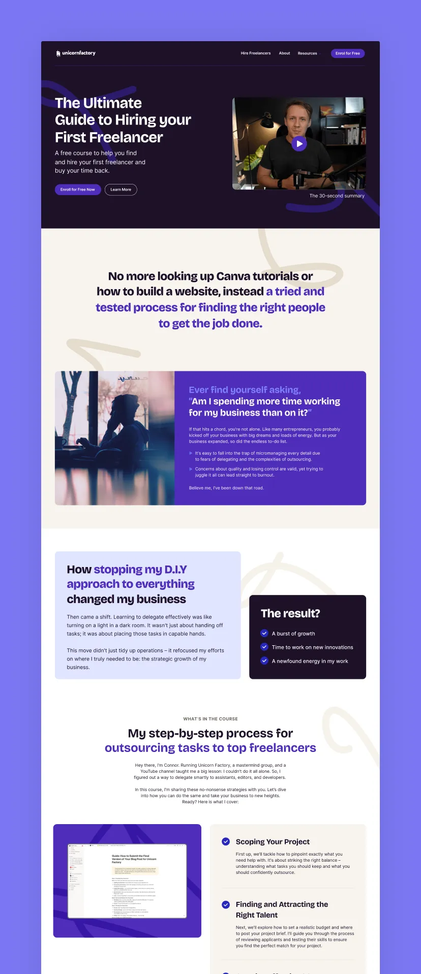 Landing page for a course titled 'The Ultimate Guide to Hiring your First Freelancer' with video thumbnail, course benefits, and a step-by-step outsourcing process.