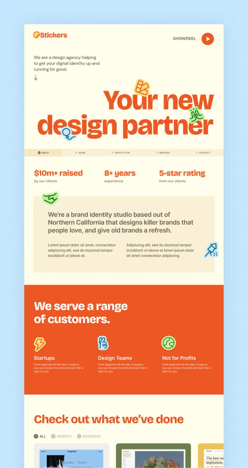 Stickers design agency website homepage showing 'Your new design partner' tagline, client stats, services for startups, design teams, and nonprofits, and a portfolio preview section.