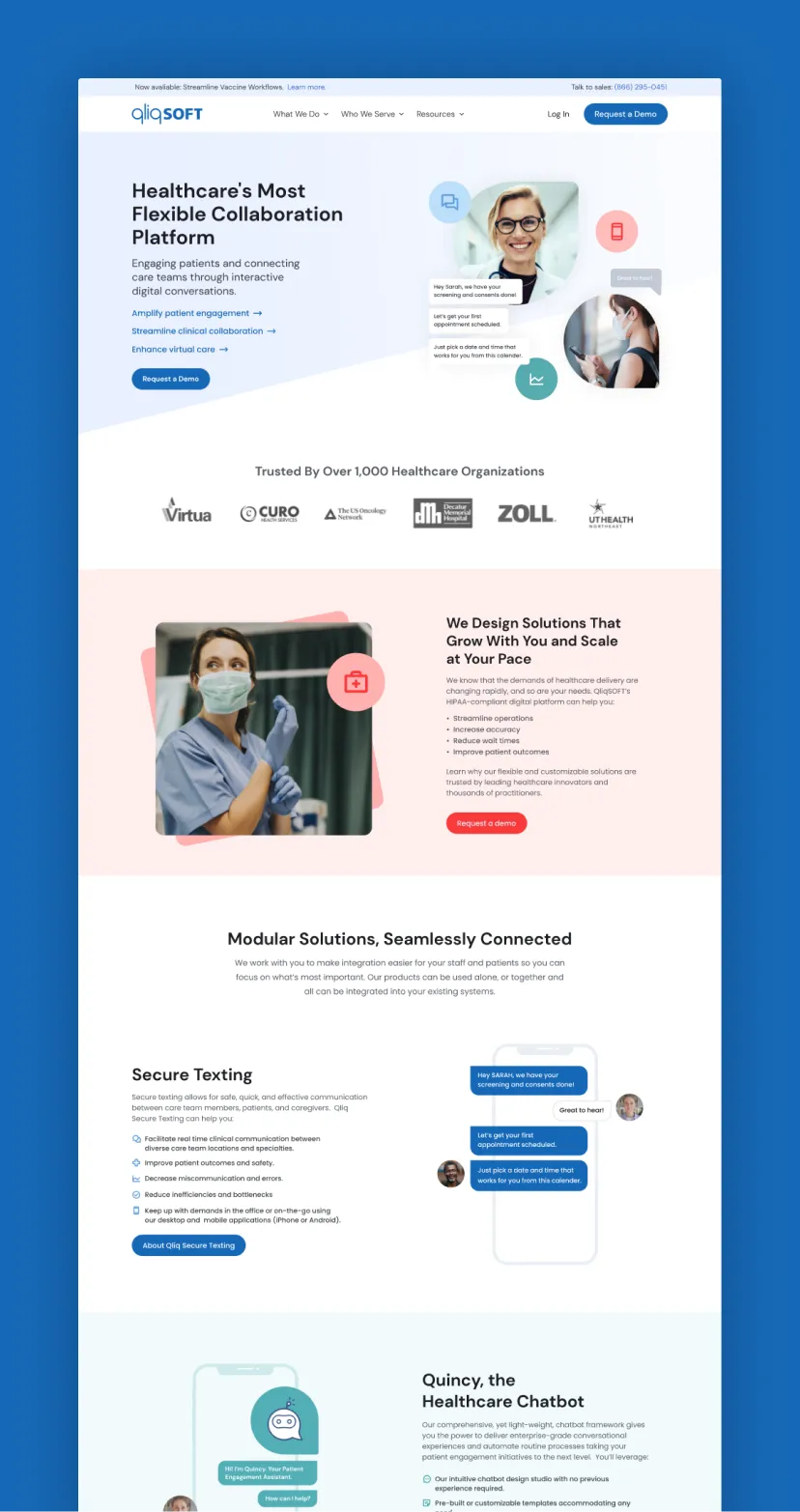 Website page displaying qliqSOFT healthcare collaboration platform features, including patient engagement, secure texting, customizable solutions, and a healthcare chatbot with related images and healthcare organization logos.