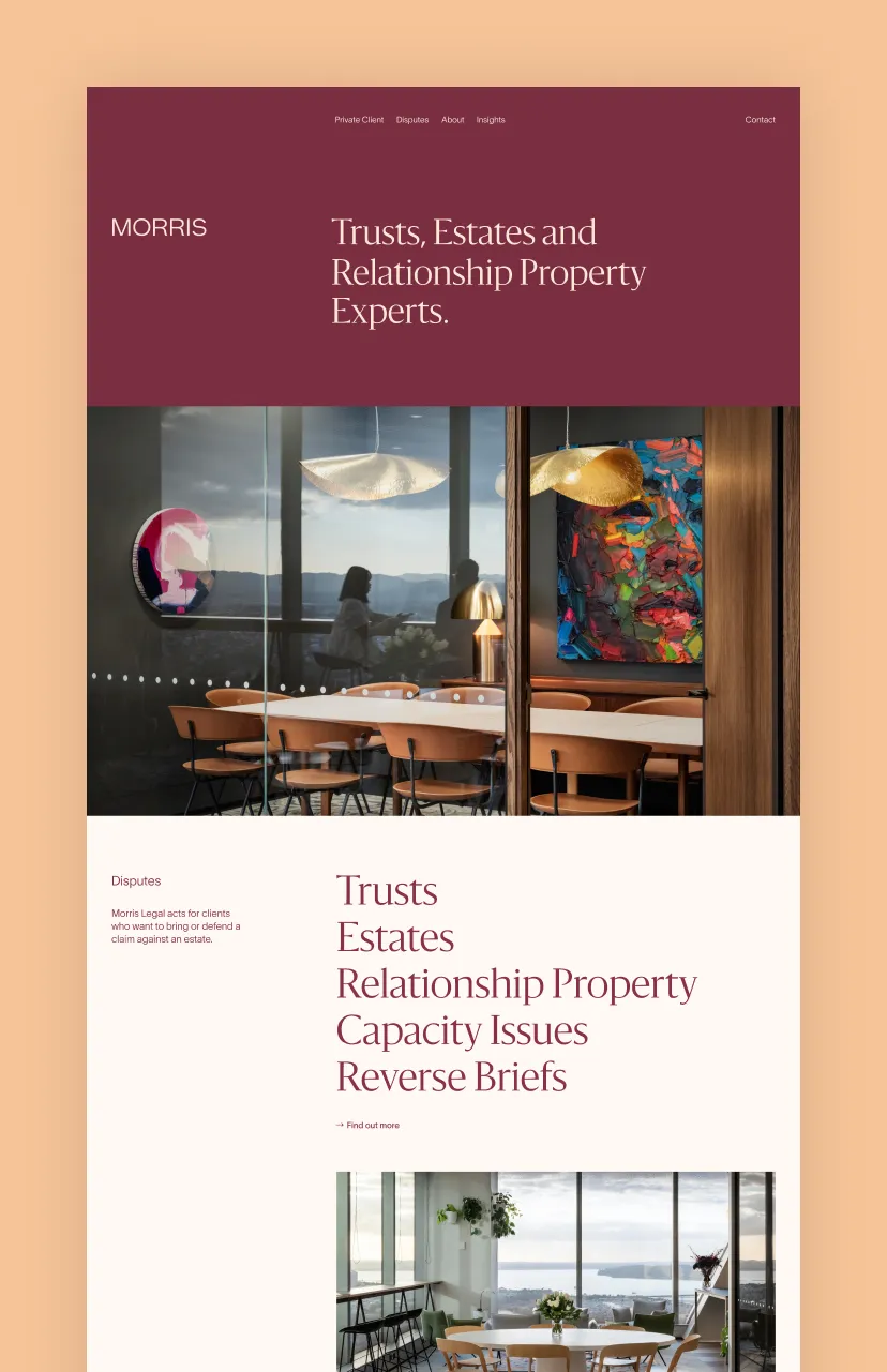 Website homepage for Morris, Trusts, Estates and Relationship Property Experts, showing a modern office meeting room with wooden chairs, colorful abstract paintings, and floor-to-ceiling windows with a view.