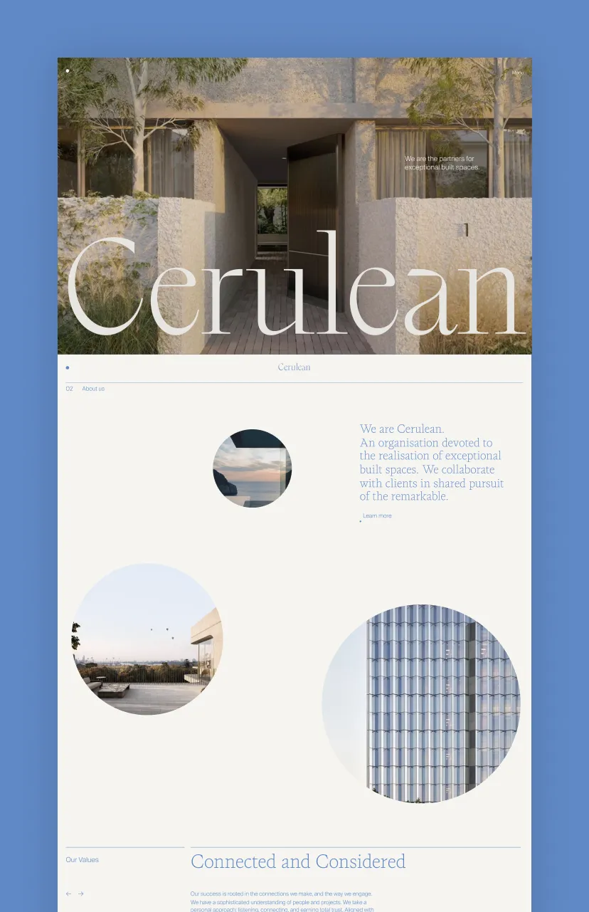 Website homepage for Cerulean featuring a modern architectural entrance with open door, text about exceptional built spaces, and circular images of architecture and landscapes.