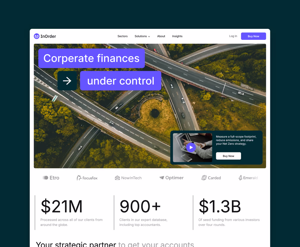 Website homepage with aerial highway background, highlighting corporate finance control and business statistics including $21M processed and $1.3B seed funding.