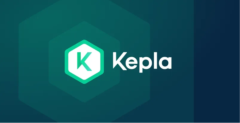 Kepla logo with a stylized K inside a hexagon on a dark teal background.