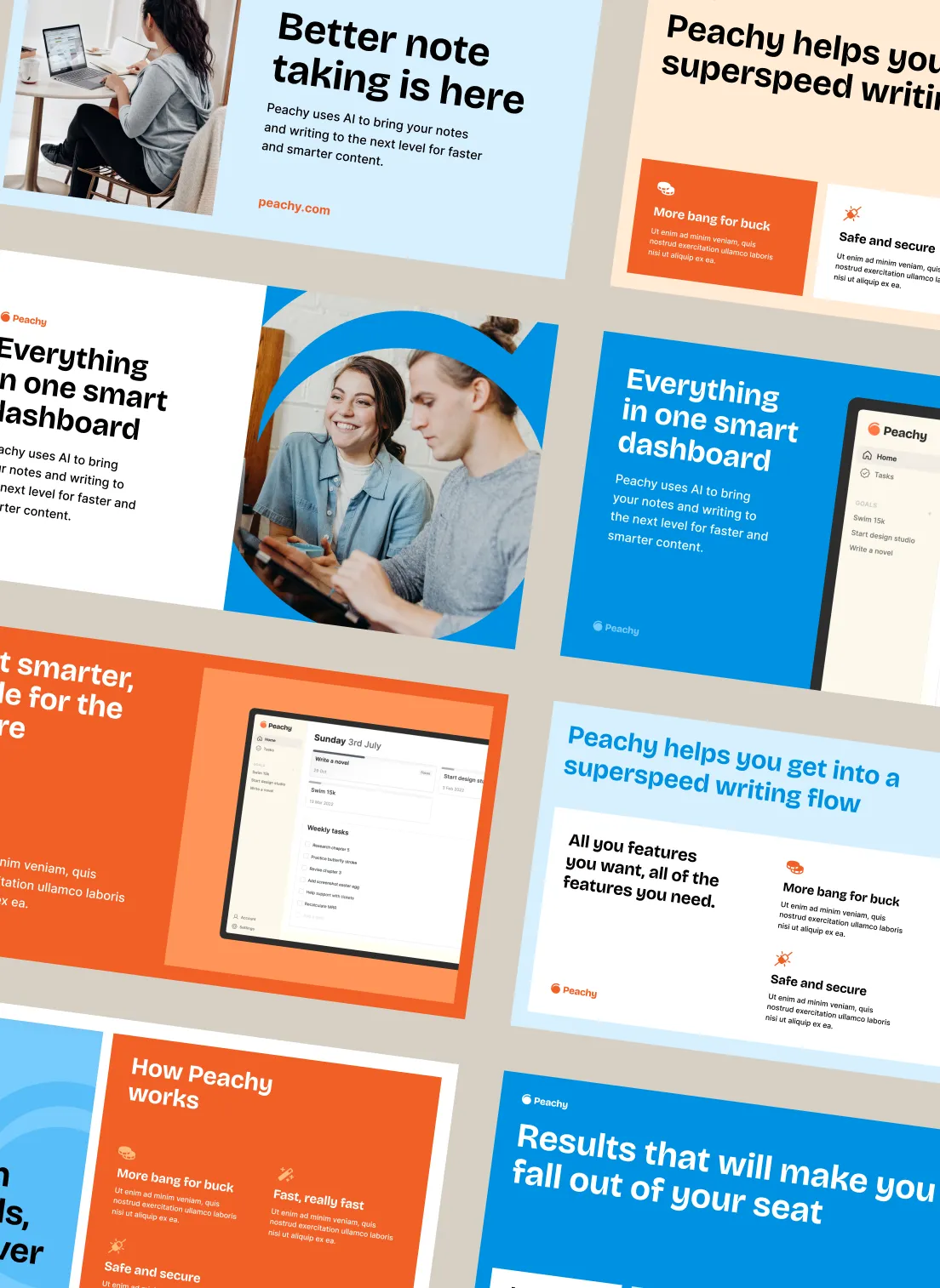 Collage of promotional images for Peachy, showcasing AI-powered note-taking, smart dashboard, and features for faster writing and secure tasks management.