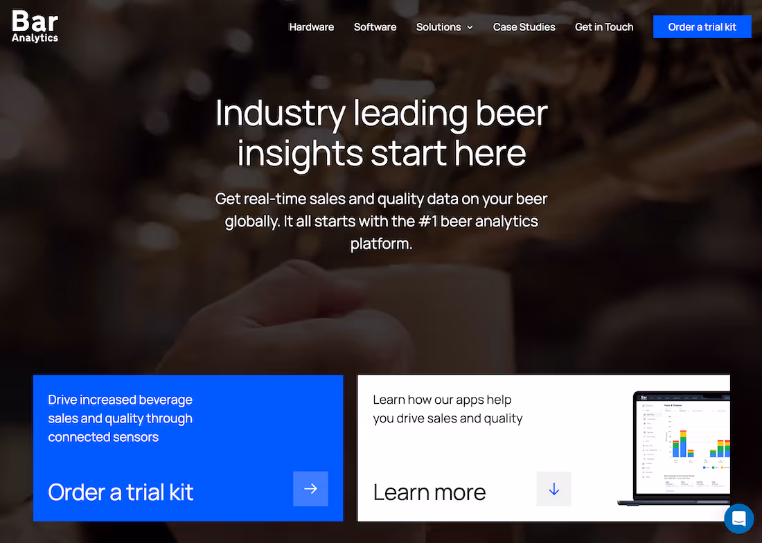 Bar Analytics homepage with headline about beer insights, navigation menu, call-to-action buttons for ordering a trial kit, and a laptop displaying sales analytics.